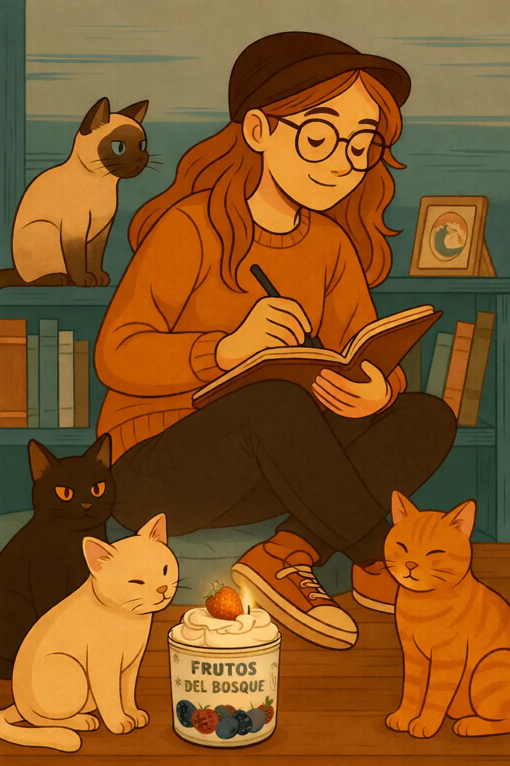 Ilustración de Mara escribiendo rodeada de gatos con vela artesanal frutos del bosque