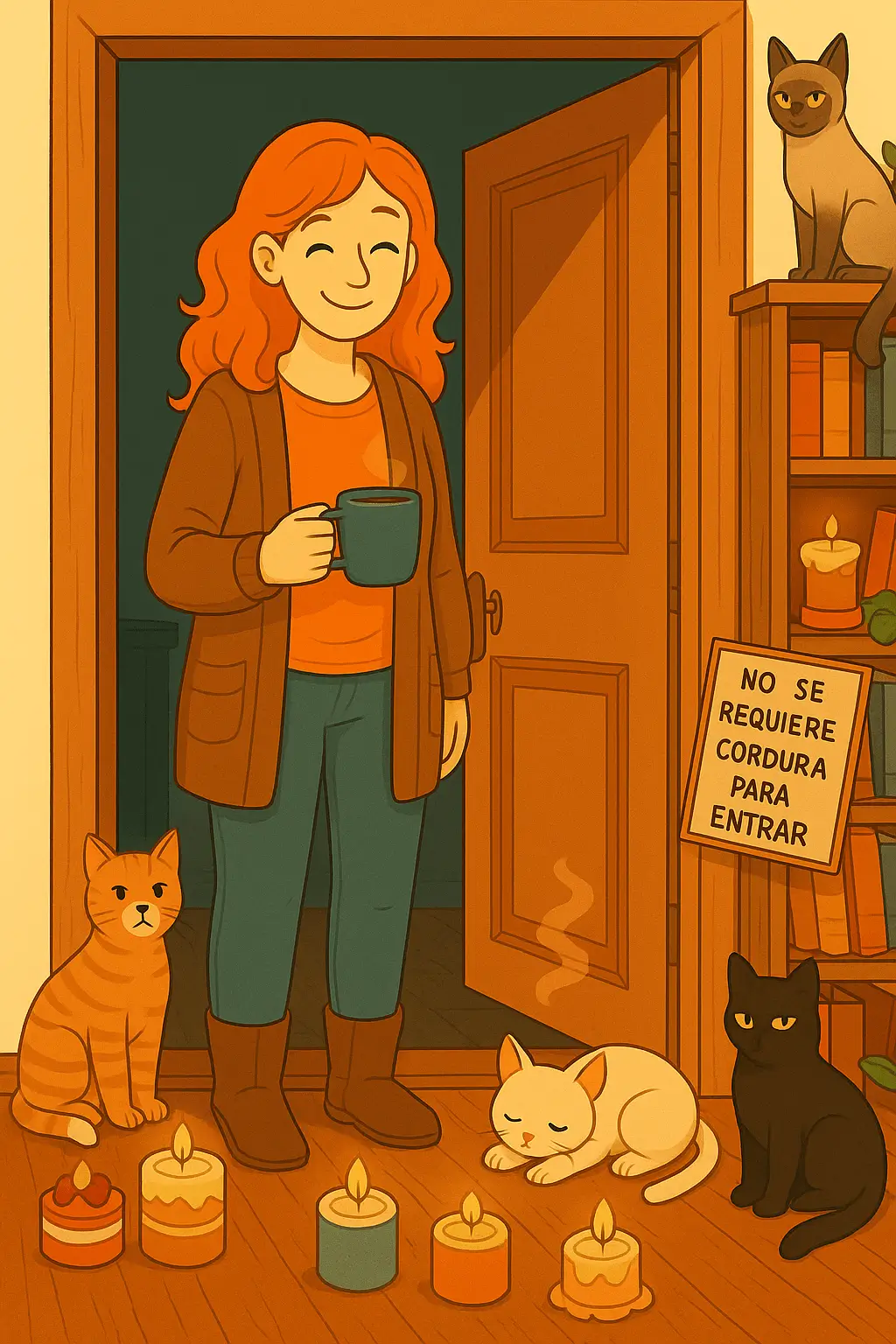 Ilustración de Mara con el comité felino y velas artesanales en la puerta de casa